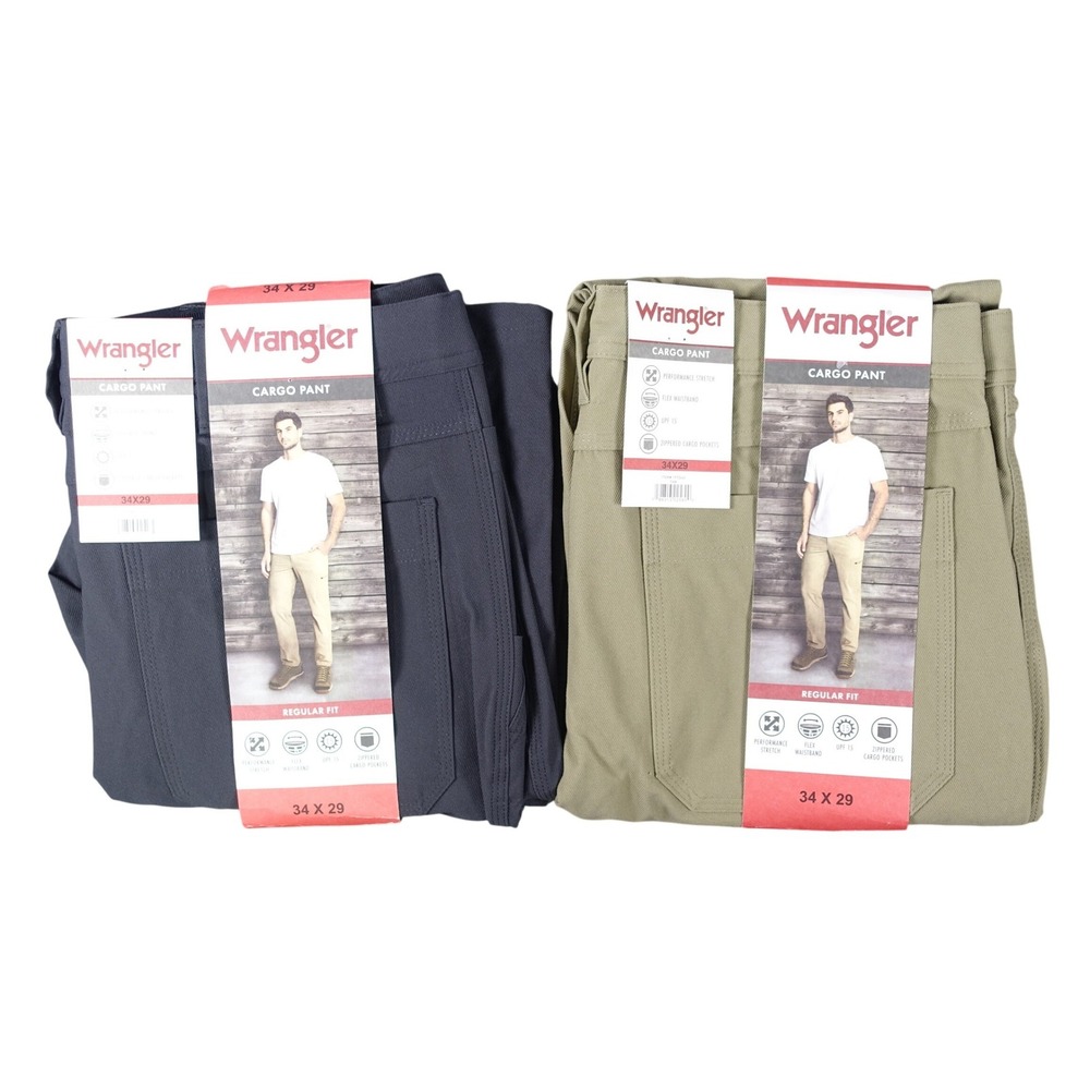Wrangler Cargo Pants Men 34x29 Regular Fit Performance Stretch 2 Pack Gray Tan